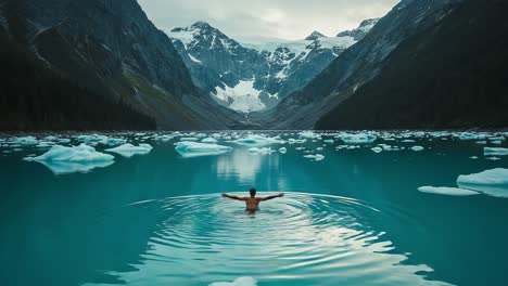 a serene experience: embracing nature's beauty while swimming in the crystal-clear waters surrounded by majestic snow-capped mountains and floating icebergs