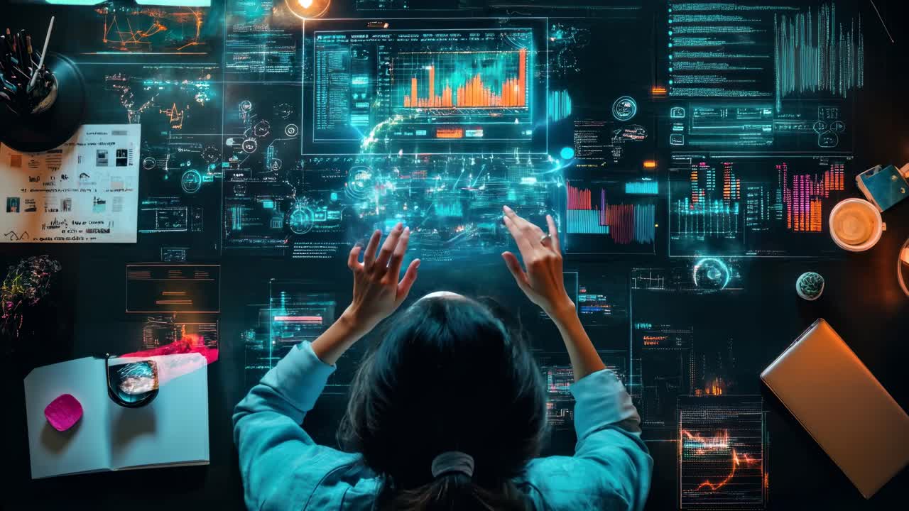 Top-down view of a person interacting with futuristic digital interfaces, resembling a sci-fi video