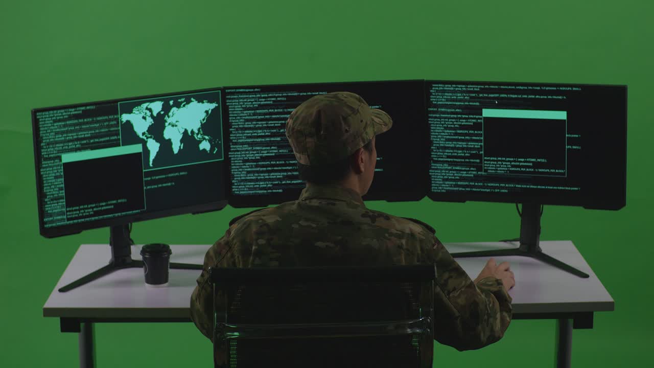 vista trasera de un hombre asiático cansado soldado desarrollador bostezando antes de dormir mientras escribe código con múltiples pantallas de computadora en el estudio de pantalla verde