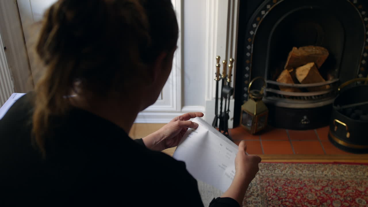 부채 편지를 여는 인식할 수 없는 여성