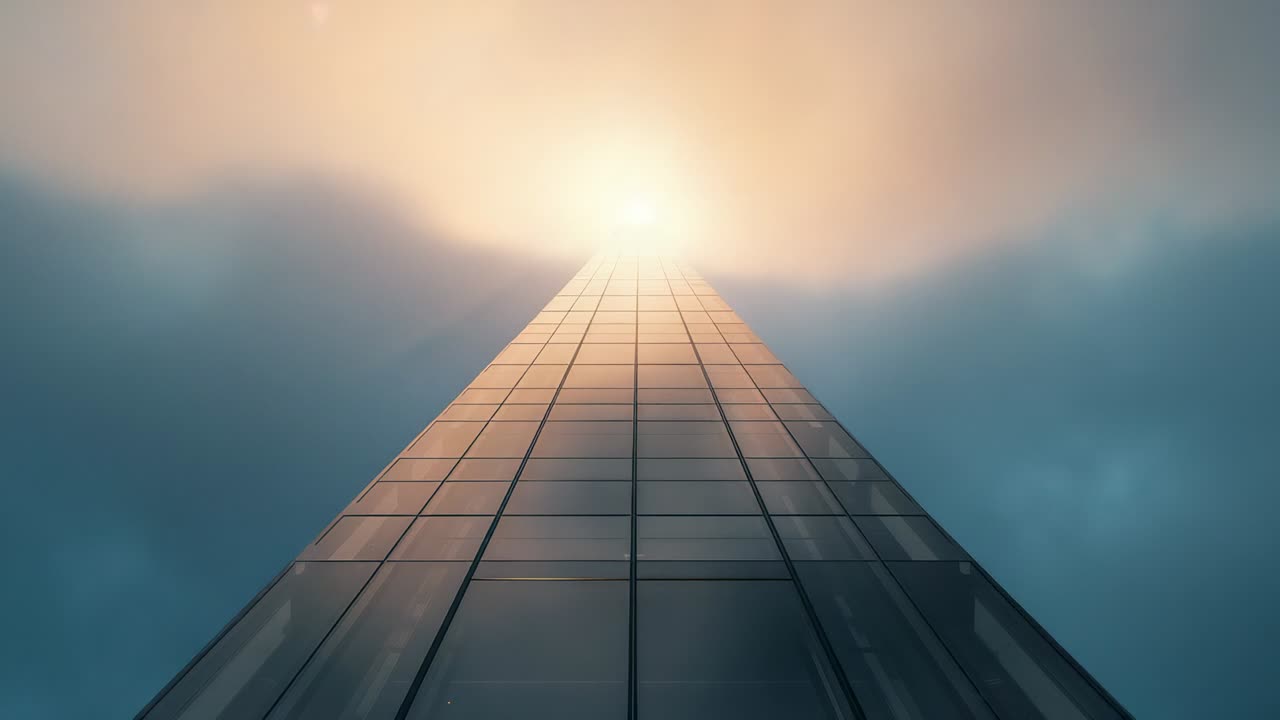 Pushing camera zooming upward at tall skyscraper in mist as sun breaking, showing glass grid gleam