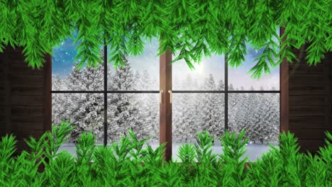 Animación-Digital-De-Ramas-Verdes-Y-Marco-De-Ventana-De-Madera-Contra-La-Nieve-Que-Cae