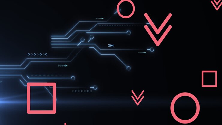 Animation of red geometric shape with circuit board pattern over black background