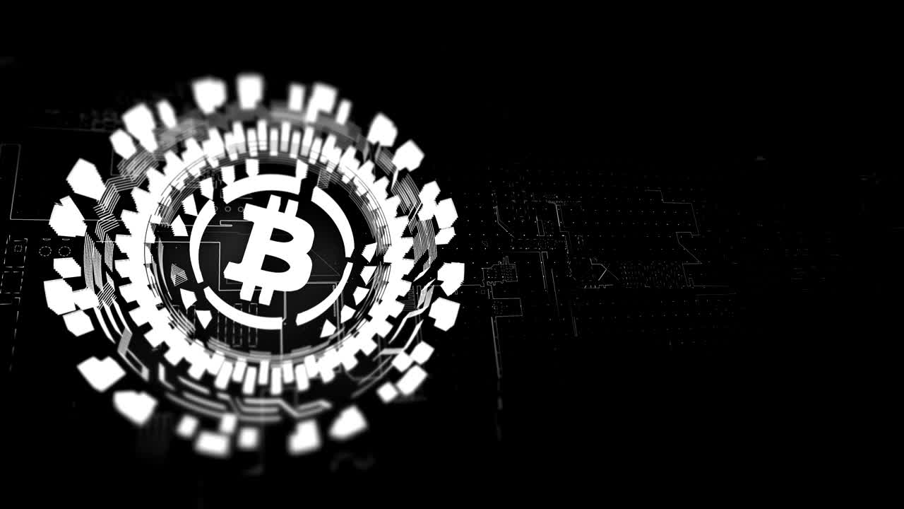 은색 원형 홀로그램 회전 비트코인 기호