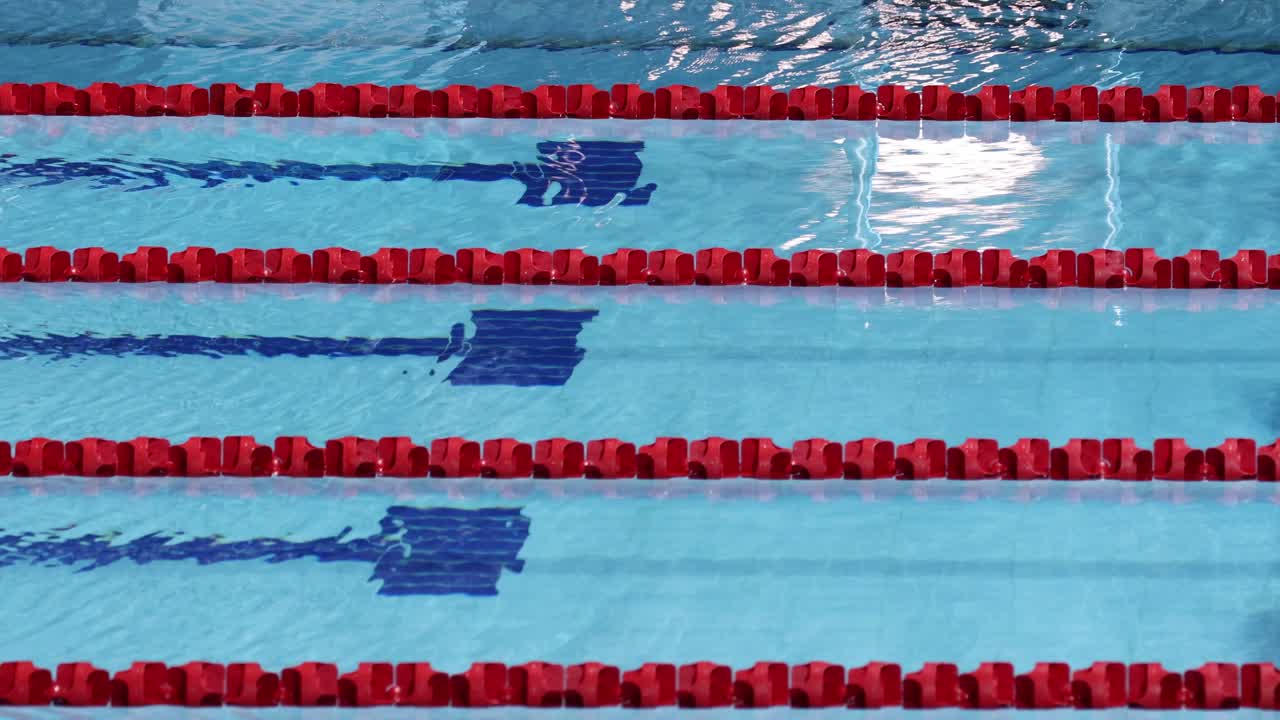 선수가 경쟁 수영장에서 수영을 하고 있다