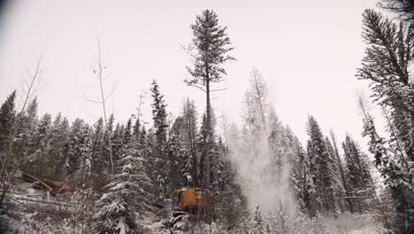 Industrielle-Holzmanipulator-Sägemaschine-Nimmt-Baum-Im-Schneesturm-Ab