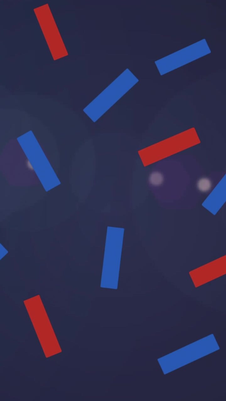 Animation of confetti in blue and red falling over navy background