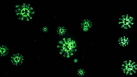 green glowing holographic image of coronavirus like covid-19 virus or influenza virus flies in air or float smoothly on black background. 3d animation in 4k looped. for informational presentation.