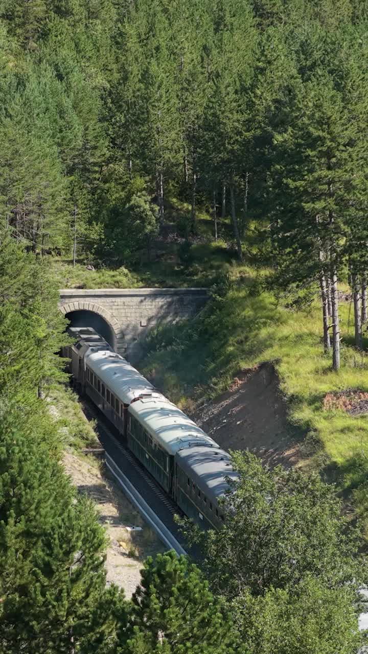 Vlak vyjíždí z tunelu v malebné horské krajině
