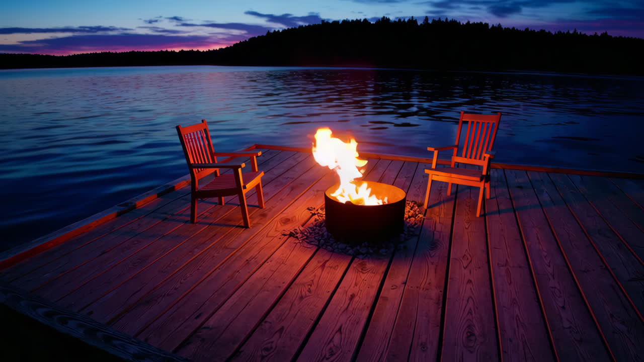 Tranquil Fireside Evening on a Lakeside Dock at Sunset