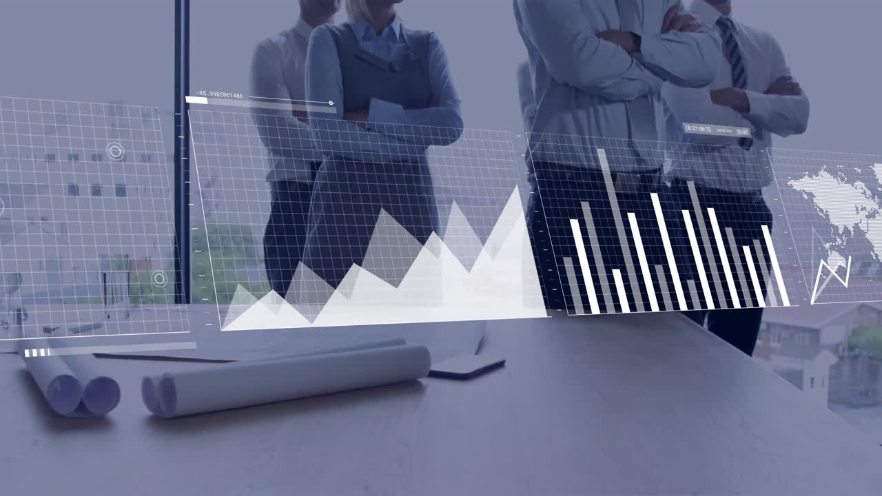 animación del procesamiento de datos financieros sobre diversos colegas en la oficina