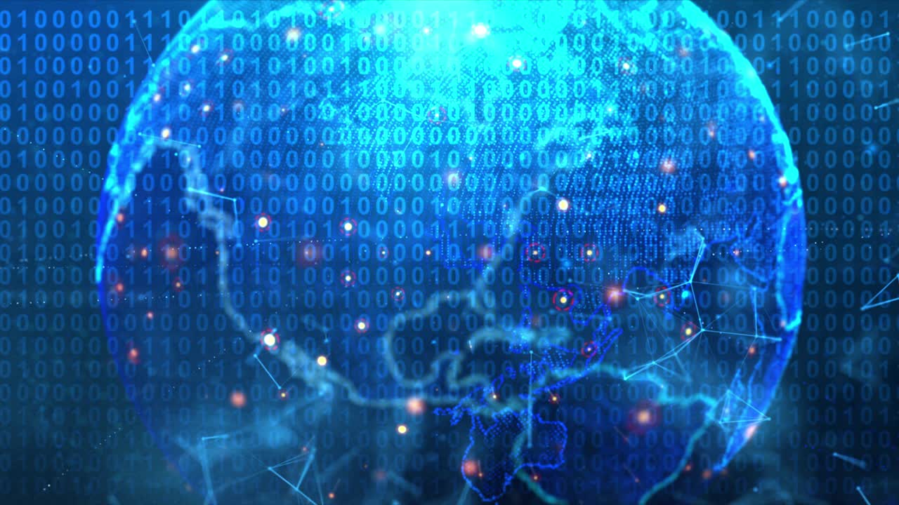 Spinning cyber  globe sphere for data networking communication technology and futuristic concept on the dark background, dot and lighting earth with dark and grain processed