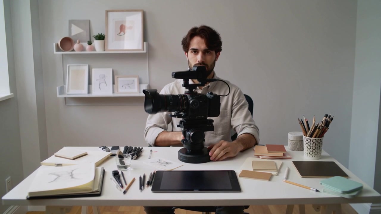 Uomo che si sporge in avanti, regola la telecamera su un gimbal in studio, con un cavo microfonico e maniche chiare, preparandosi.