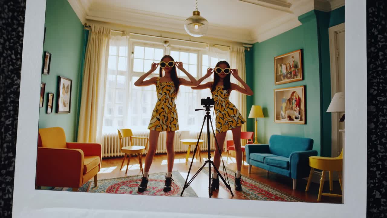 Twins in Retro Style Dress and Sunglasses