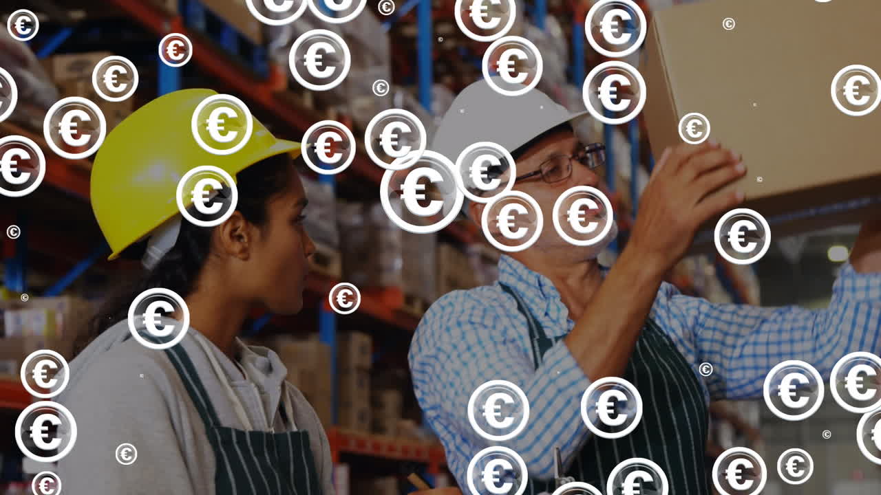 анимация символов евро, мигающих над различными женщинами и мужчинами, работающими на складе