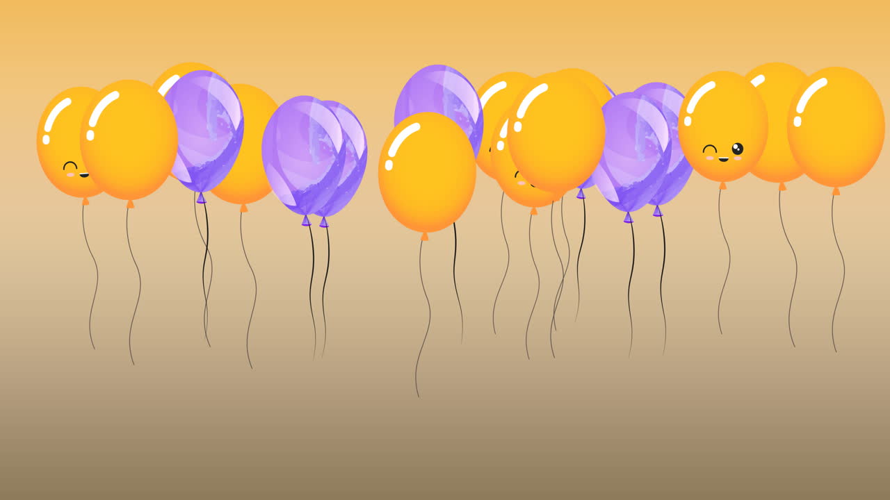 animación de globos amarillos púrpuras con caras rebotando sobre un fondo amarillo
