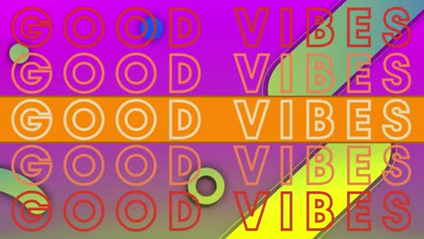 Animation-of-orange-text,-good-vibes,-with-colourful-shapes,-on-pink-background