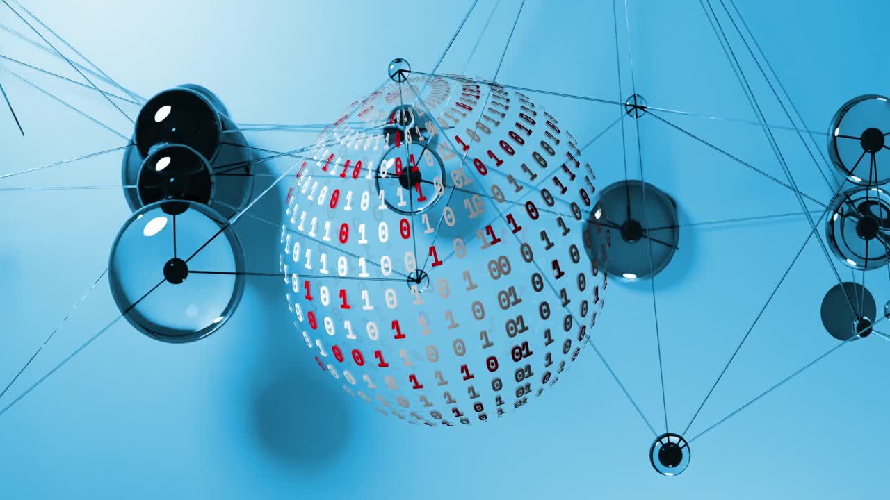 Animation of globe of binary coding and connecting dots against blue gradient background