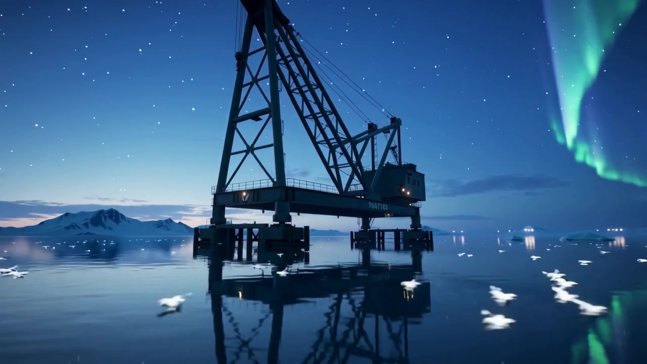 Panning camera at sequence start, revealing steel crane with boom over polar coast under aurora