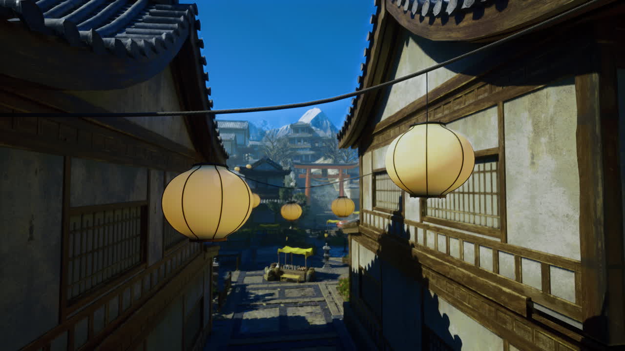 A sunny day highlights the charm of a street adorned with yellow lanterns