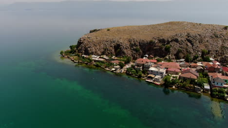 lin peninsula on lake ohrid, albania - cinematic drone pan