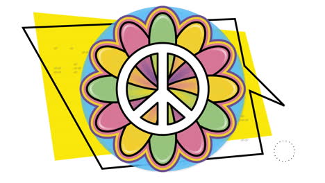 animación de signo de paz y flor colorida sobre burbuja de habla, rectángulo amarillo y procesamiento de datos