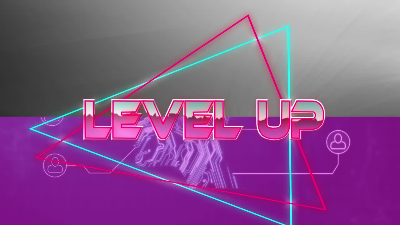 Animation of level up text over geometrical shapes and processor cores