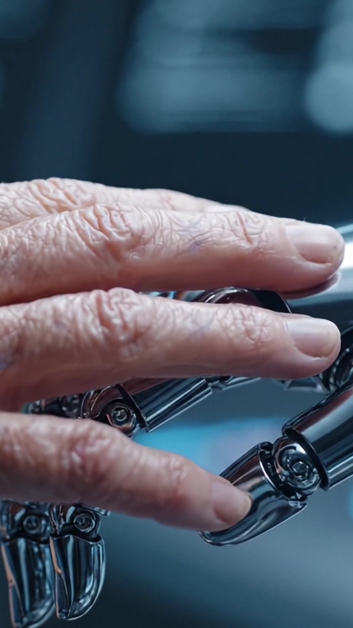 Un confronto ravvicinato tra una mano robotica altamente dettagliata e una mano umana, che esplora le complessità di entrambe le forme in un'ambientazione futuristica