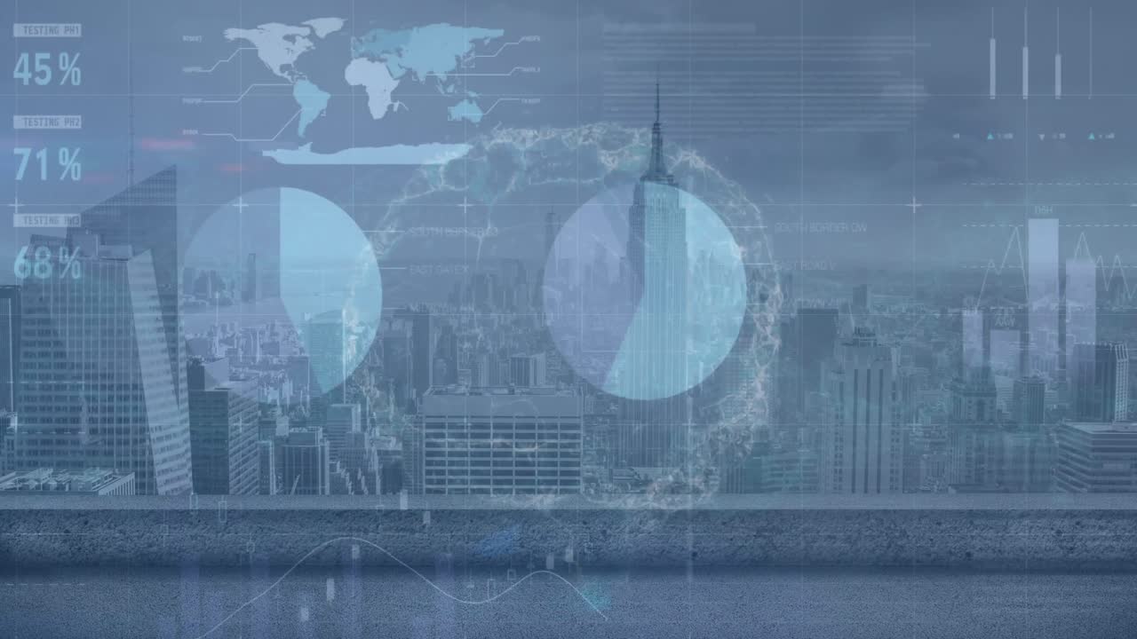 도시 풍경의 시야에 대한 회전하는 인간 뇌 아이콘에 대한 통계 데이터 처리의 애니메이션