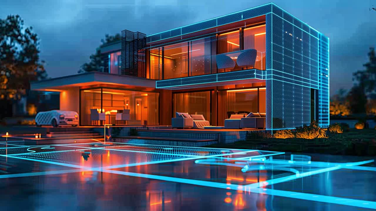 Futuristic Modern House with Pool at Night