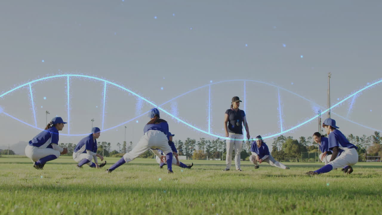 Baseball team stretching on field with DNA strand animation over them