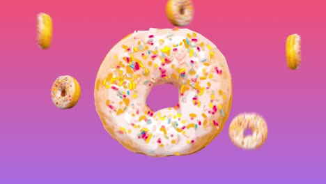 animación abstractamente colorida - rosquillas con salpicaduras de azúcar coloridas en un fondo de gradiente rosa - bucle sin costuras. estilo de arte pop de dibujos animados de rosquilla. diseño retro vintage. rosquilla con satélites de rosquillas