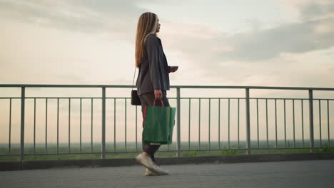 side view of lady in grey clothing walking along iron rail holding shopping bag and black handbag at evening, with soft natural light and blurred background