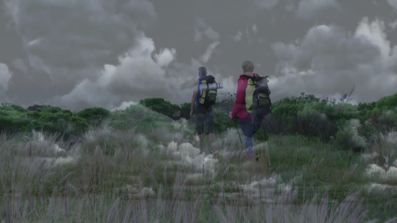 Couple hiking through grassland trail, with animated heart icon and health data chart