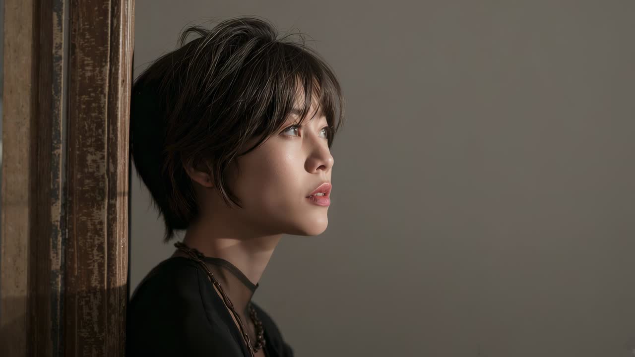 Kameraet starter, modellen poserer i studiet, læner sig op ad træ, vipper, sort top, halskæder, område til tekst