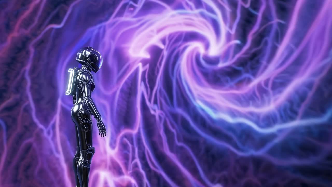 Female Robot Astronaut in a Cosmic Whirlpool