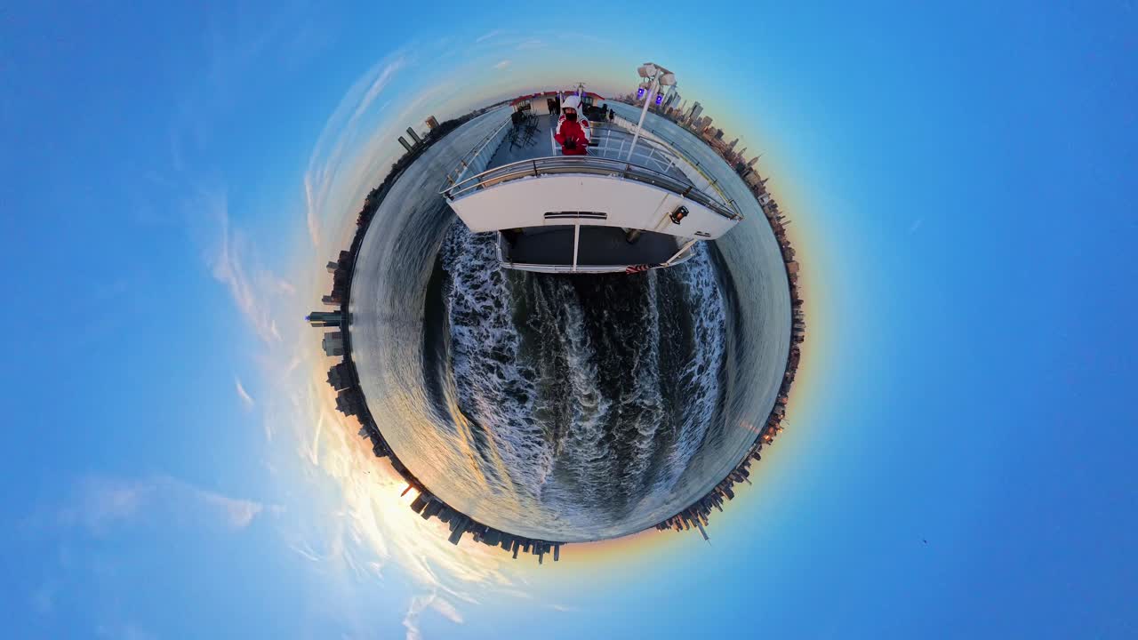 Small Planet effect of ferry boat navigating on frozen Hudson River at sunset, creating surreal perspective with New York City skyline in distance, for travel and creative visuals, USA