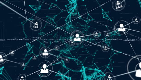 animación de la red de iconos de perfil, redes de plexus y procesamiento de datos contra un fondo azul