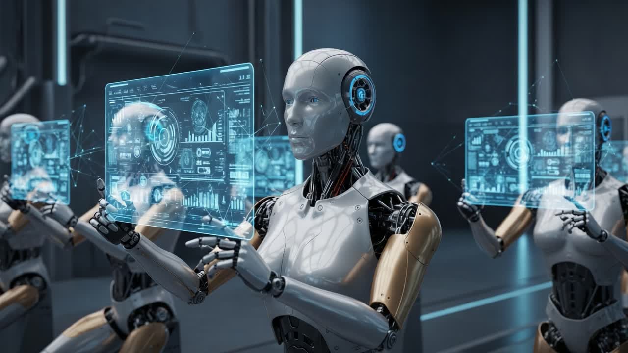 Futuristic Robots Manipulating Holographic Interfaces: A Glimpse into Advanced AI Technology and Automation in a High-Tech Environment