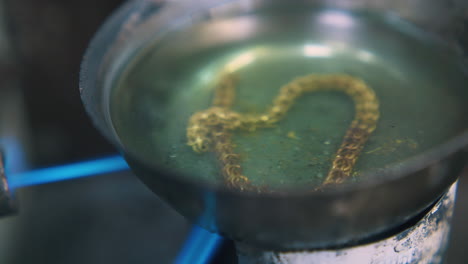 boiling gold chain in green liquid on gas burner closeup