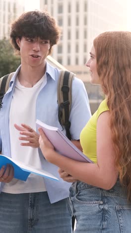 Engaging students animatedly discussing homework while standing outdoors