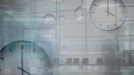 Animation-of-multiple-ticking-clocks-floating-against-time-lapse-of-businesspeople-walking-at-office