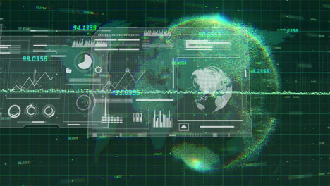 global data analytics and statistics animation over world map and digital grid