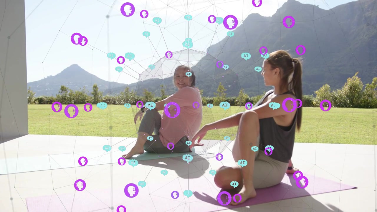 Adult woman teen girl sharing smiles doing seated twists on mats with shifting overlay for fitness
