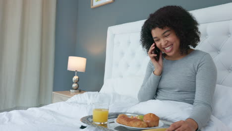 happy woman, phone call and breakfast in bedroom