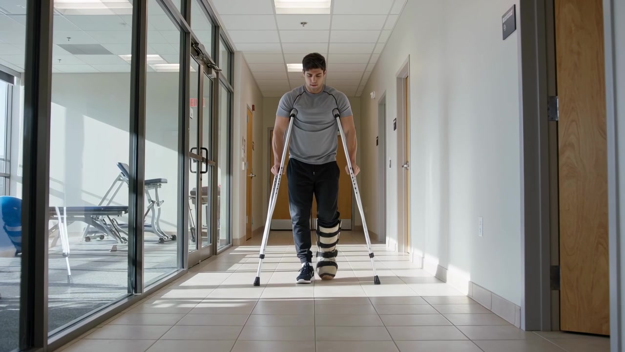 Gående voksen mann i grå skjorte med krykker og støvel ned en klinikkhall, under rehabilitering, nærmer seg kameraet.