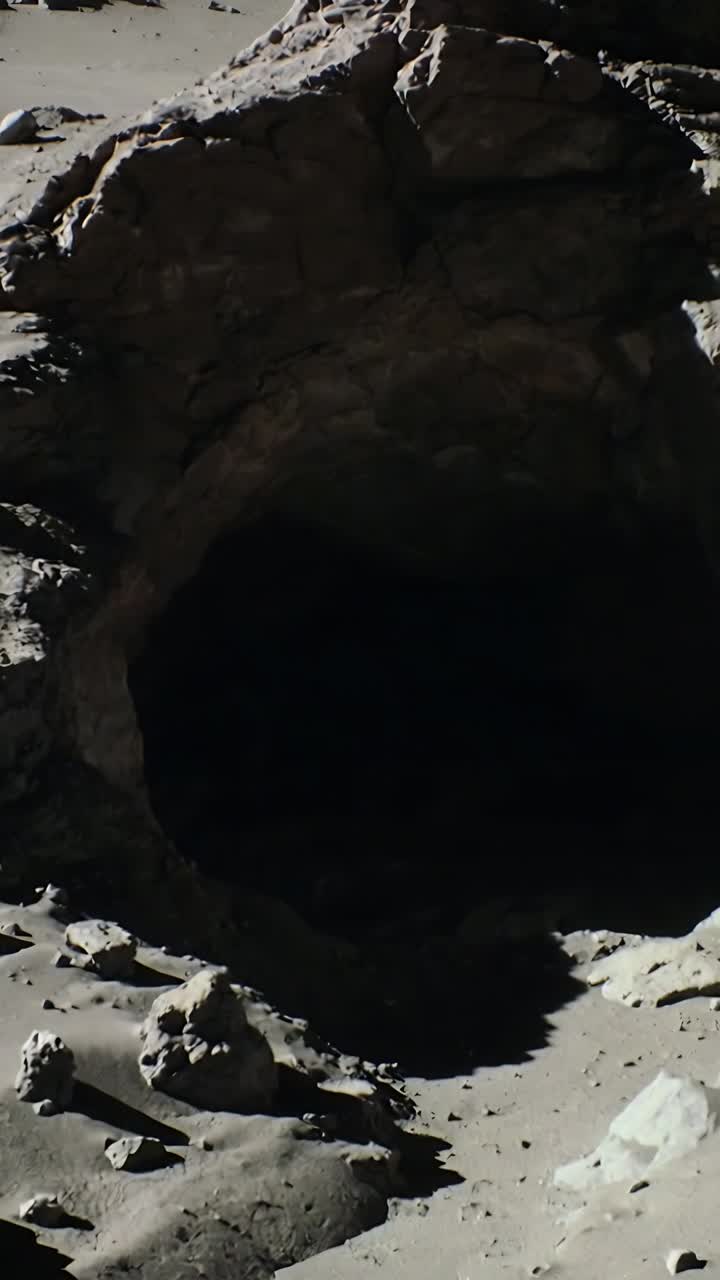 Video verticale: Telecamera in movimento che si avvicina a una grande imboccatura circolare di una grotta, rivelando il bordo roccioso e l'ombra.