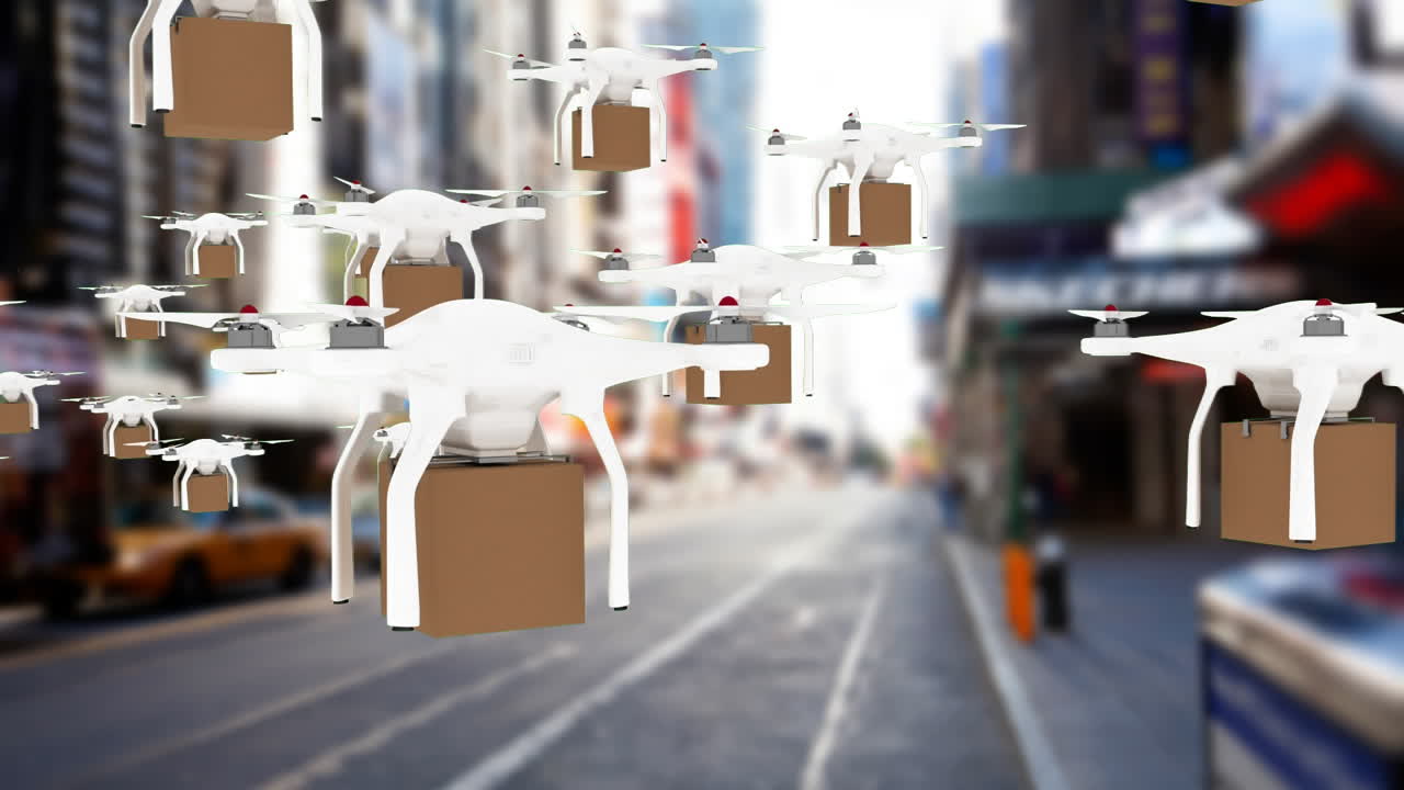 상자를 들고 하늘을 날아다니는 드론