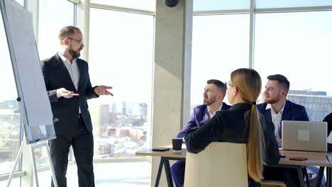 mature businessman sharing his new ideas to colleagues. business partners discussing work together in office center while listening to successful businessman.