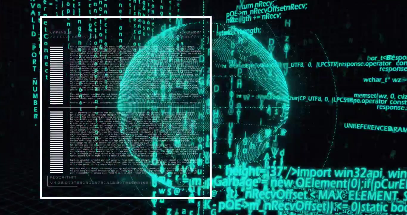 Animation of digital globe rotating with moving computer programming language